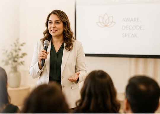Parneet speaking to an audience with a microphone