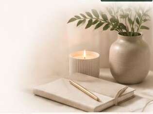 A candle, journal, pencil, neutral vase and green foliage