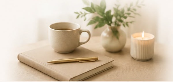 A warm ceramic cup, journal, gold pen and candle in natural light